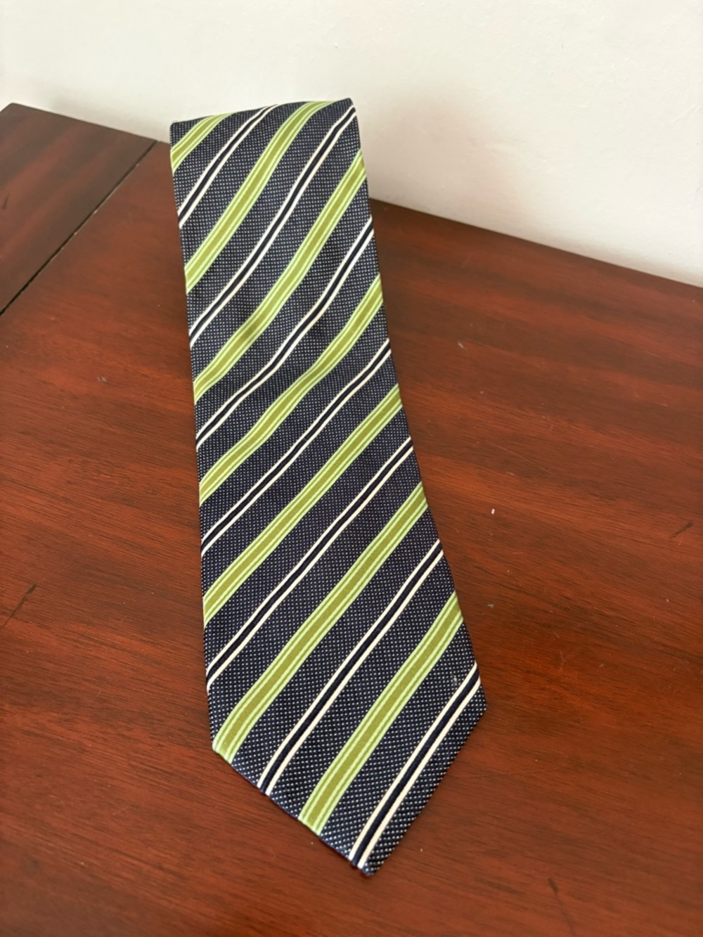 Ermenegildo Zegna Men’s Tie Green Black White Striped 60” Long 97% Silk Designer